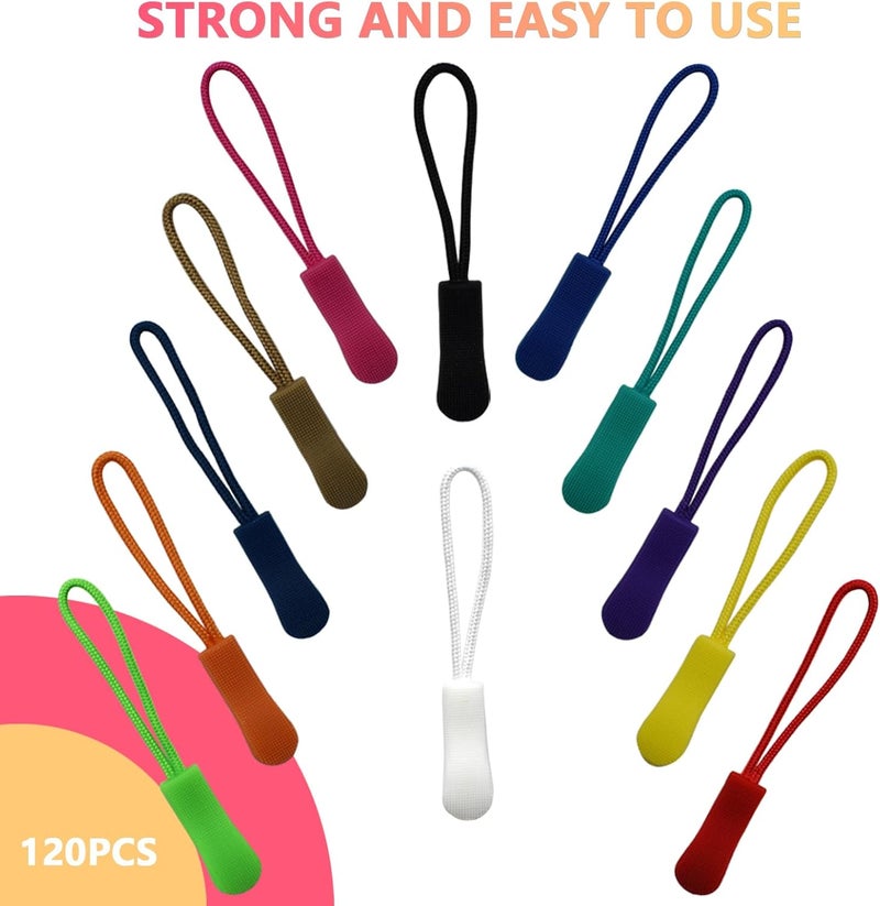 SHRJ 120Pcs Pulls Nylon Cord Zipper Tag Extension Pulls Fixer Cord Zipper Tag Replacement for Clothes, Luggage, Backpacks, Jackets, Handbag Tents, Sweatshirt, 12 Colors - Image 3